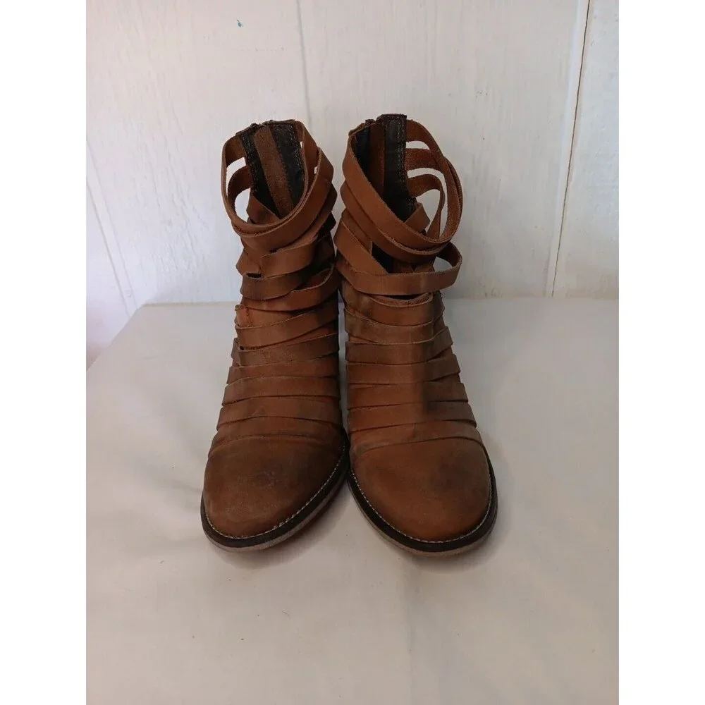 Free People Women 7 Hybrid Leather Strappy Ankle Booties Brown Stacked 3.5" Heel - Picture 3 of 10